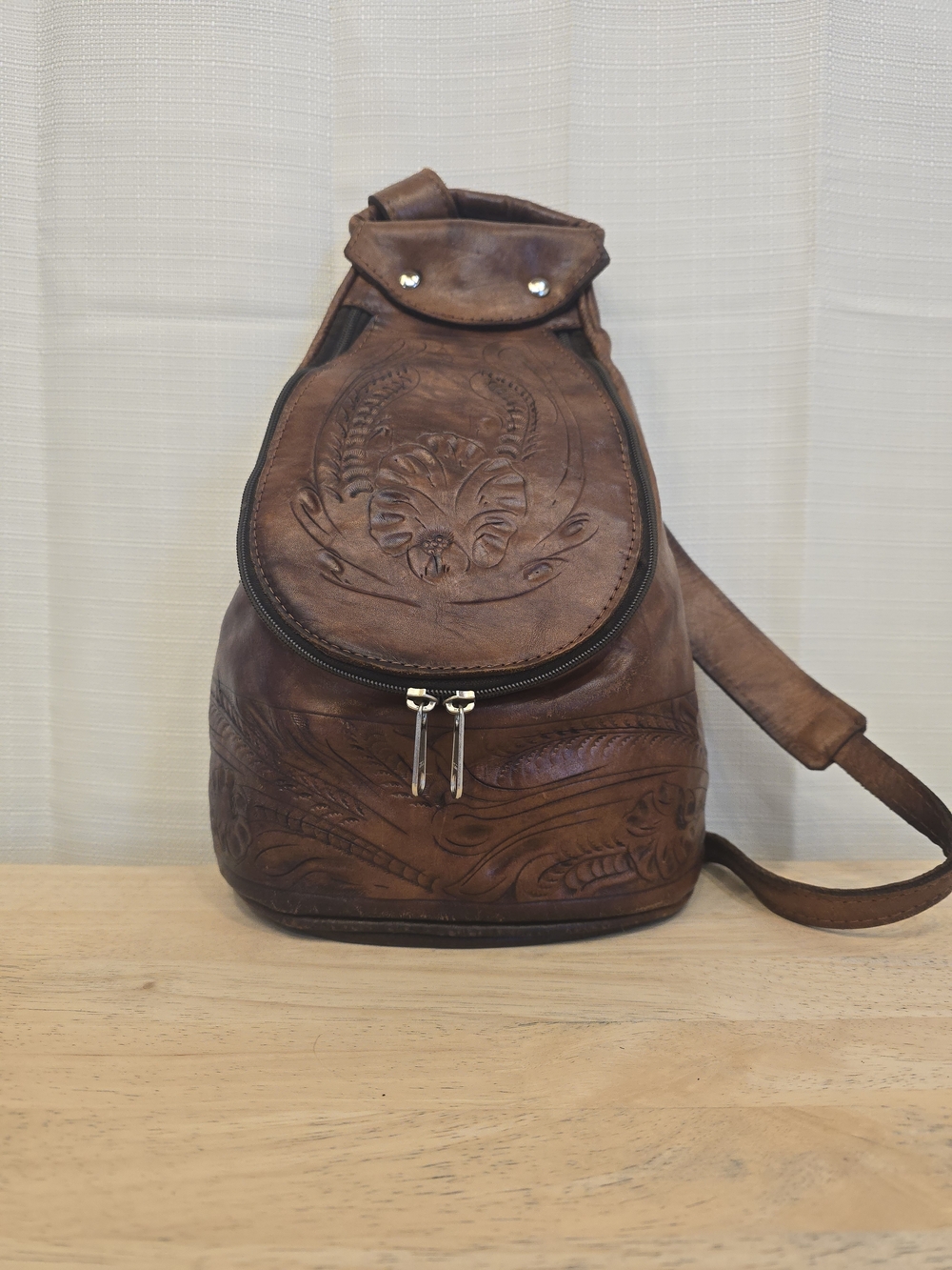 Hand-Tooled Force Ten Brown Leather Sling Backpack